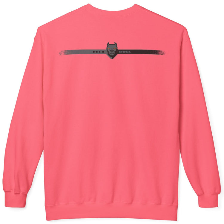 Pink sweatshirt with a logo on the back against a white background