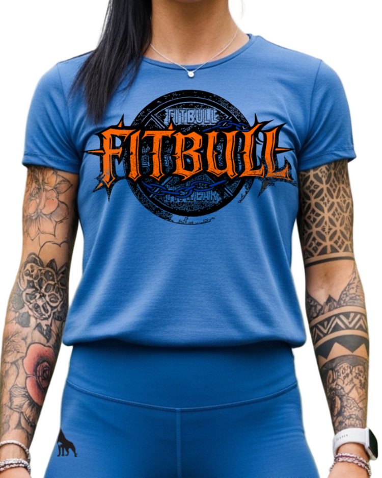 Woman wearing a blue fitness motivational 'Fitbull' t-shirt and leggings.
