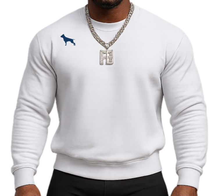 Man wearing a white, sports Fitbull sweatshirt and black Fitbull baseball cap.