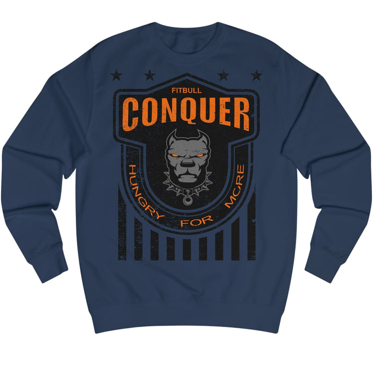 Navy blue Fitbull bodybuilding sweatshirt with graphic design and text on a white background