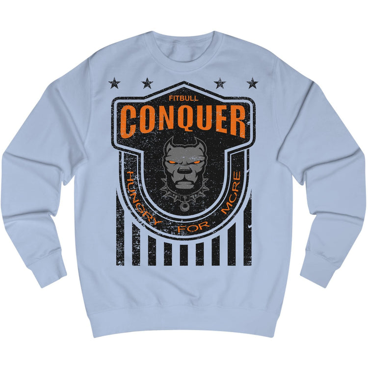 Light blue Fitbull fitness sweatshirt with 'Conquer' graphic design on a white background