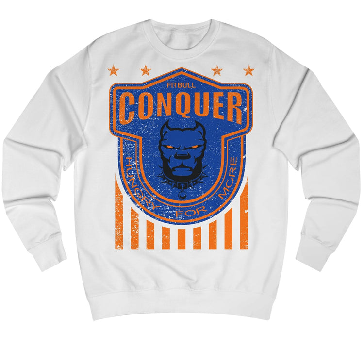 White Fitbull fitness sweatshirt with blue and orange graphic design on a white background