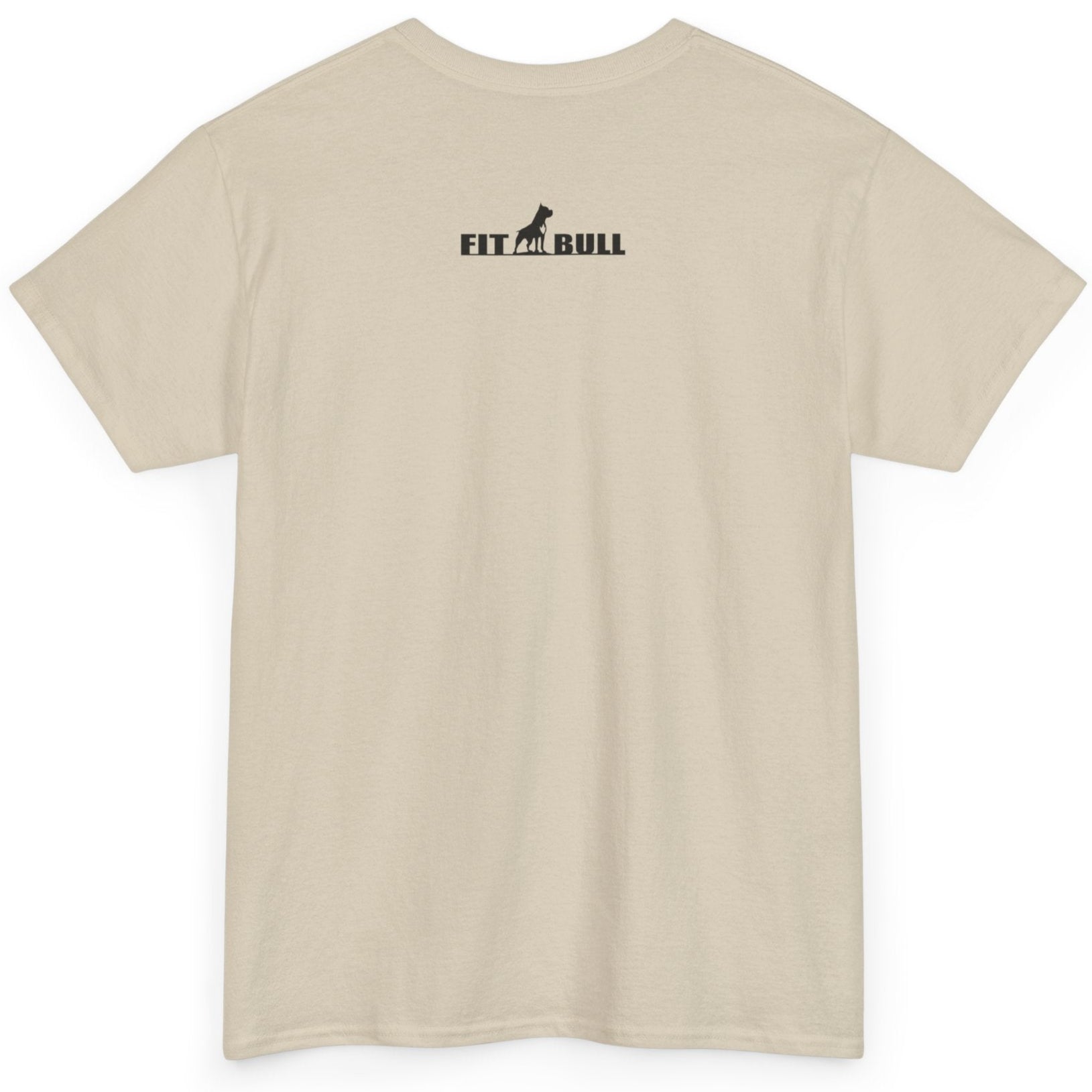 Beige FITBULL t-shirt with a logo on the back against a white background