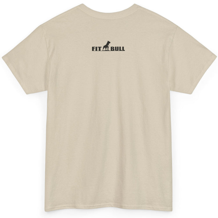 Beige FITBULL t-shirt with a logo on the back against a white background