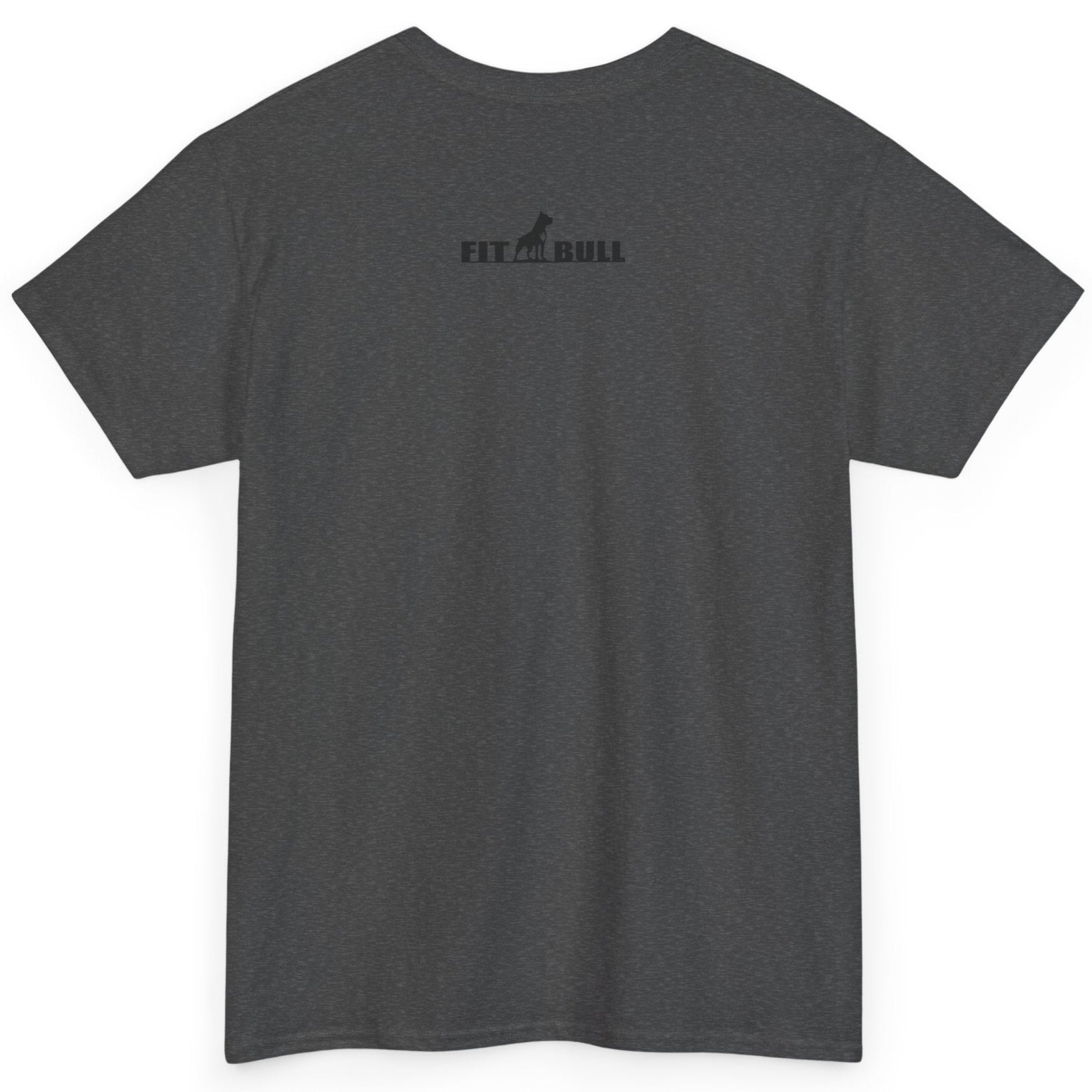 Dark gray t-shirt with a Fitbul logo on the back against a white background
