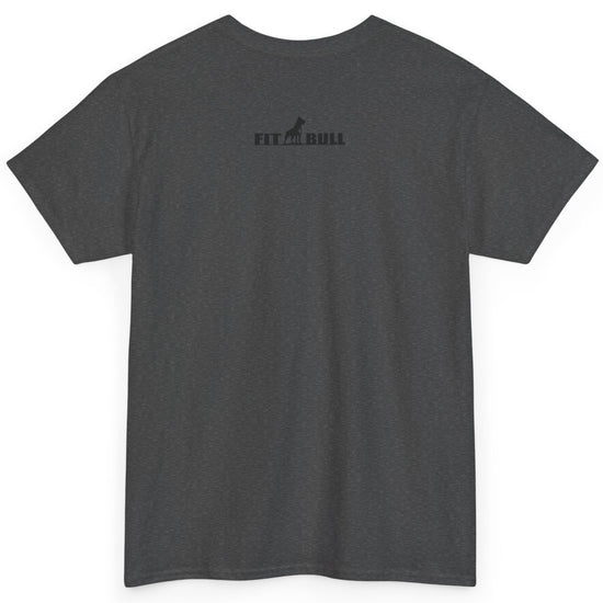 Dark gray t-shirt with a Fitbul logo on the back against a white background