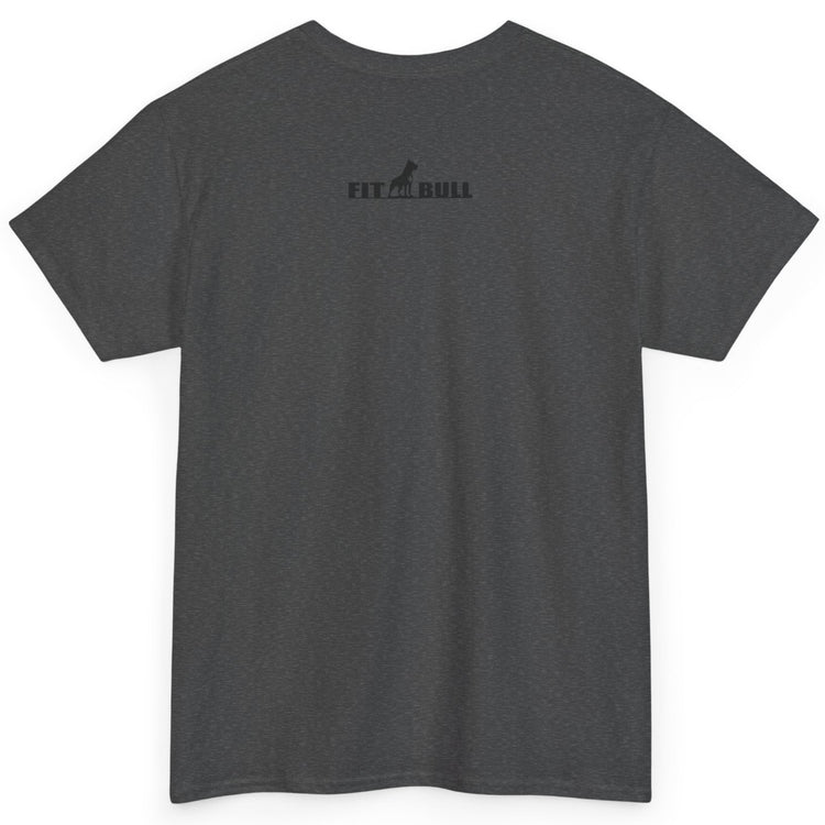 Dark gray t-shirt with a Fitbul logo on the back against a white background