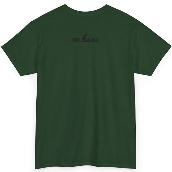 Green t-shirt with a Fitbull logo on the back against a white background