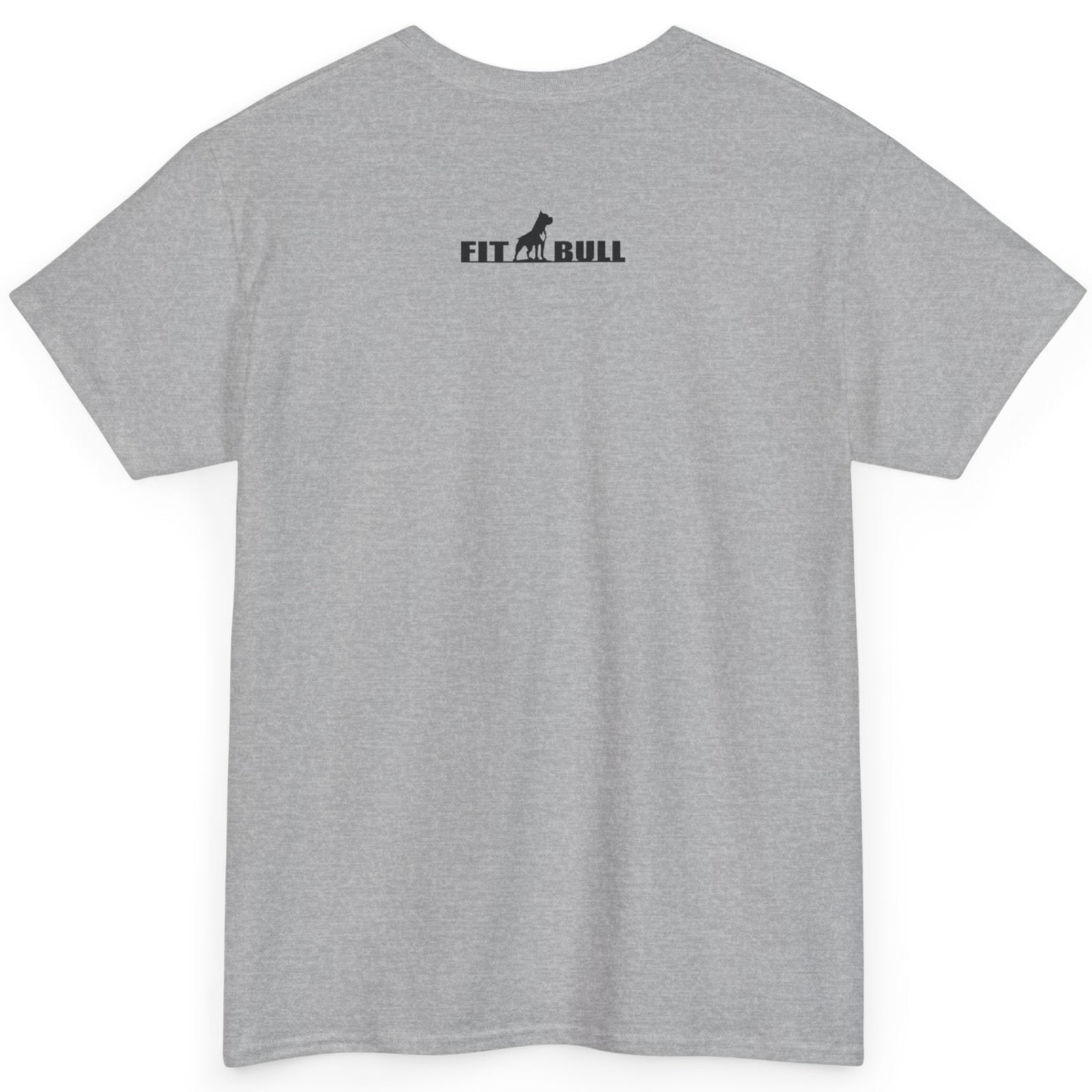 Gray t-shirt with 'FitBull' logo on the back against a white background