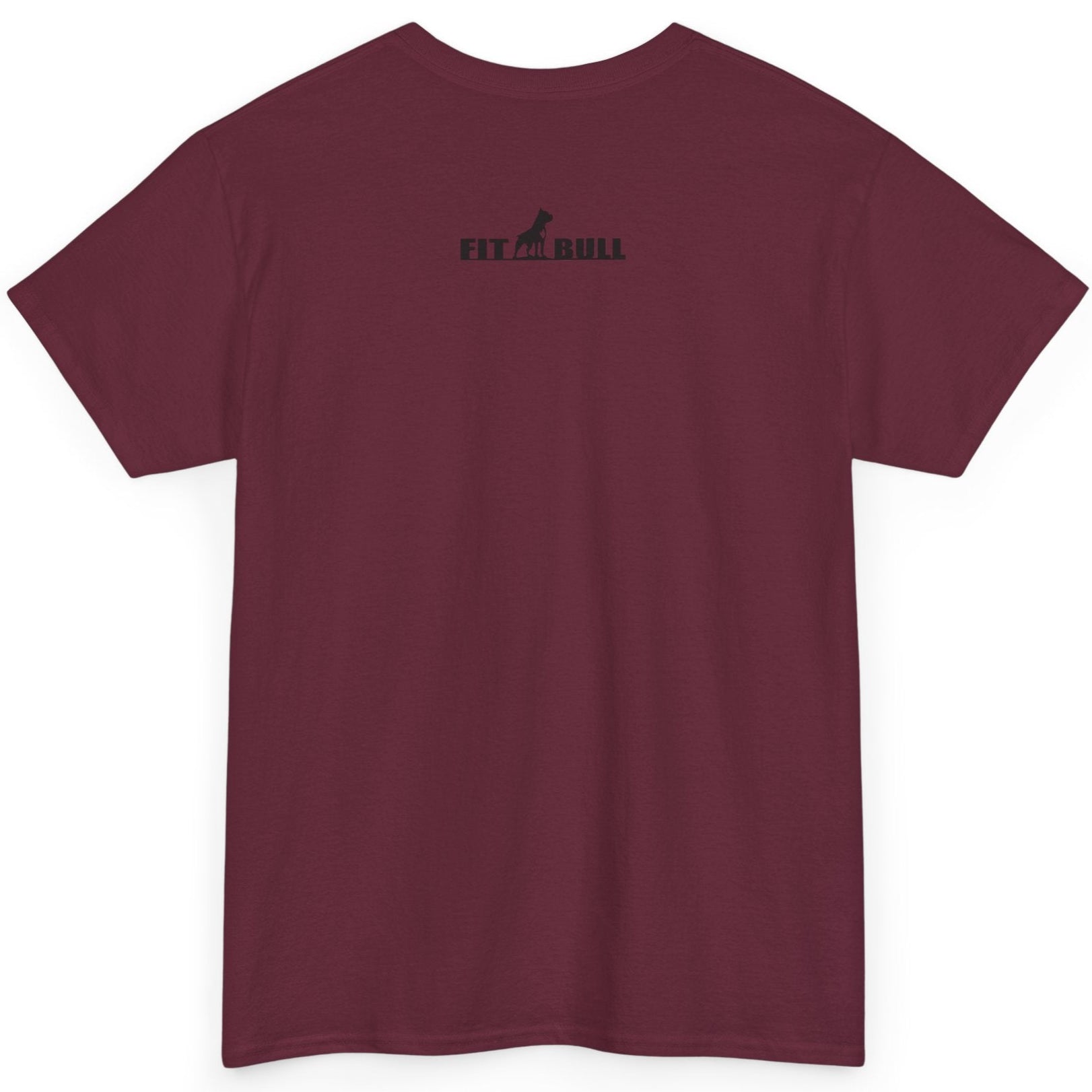 Maroon Fitbull t-shirt with a logo on the back against a white background