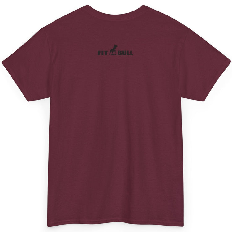 Maroon Fitbull t-shirt with a logo on the back against a white background