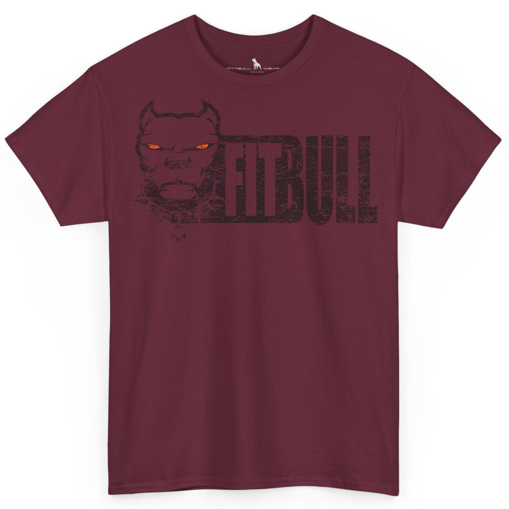 Maroon t-shirt with a graphic design and 'FatBull' text on a white background