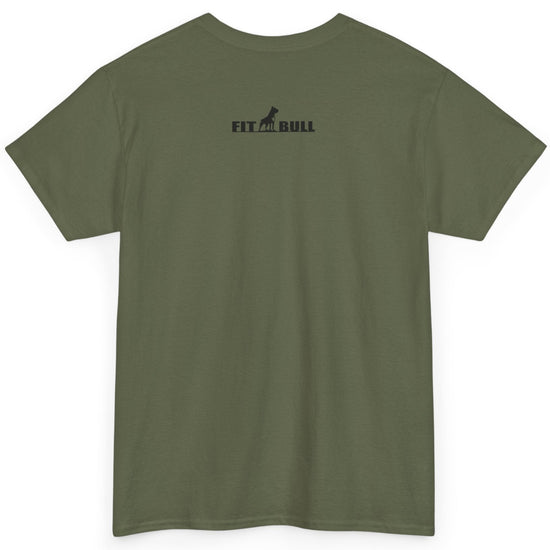 Green t-shirt with a Fitbull logo on the back against a white background