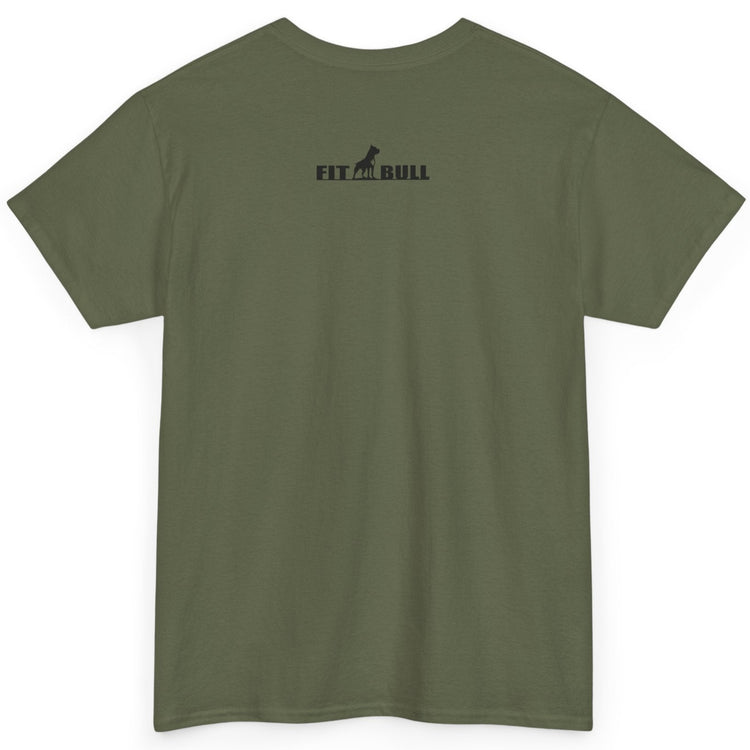 Green t-shirt with a Fitbull logo on the back against a white background