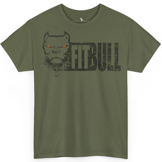 Green t-shirt with 'Fitbull' logo on a white background