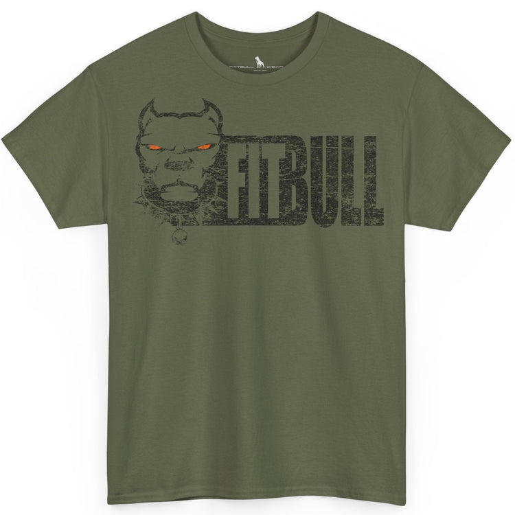 Green t-shirt with 'Fitbull' logo on a white background