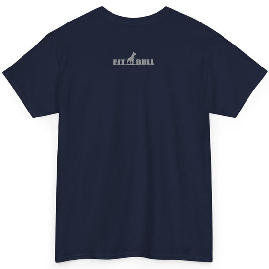 Navy blue t-shirt with a Fitbull logo on the back against a white background