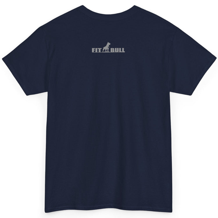 Navy blue t-shirt with a Fitbull logo on the back against a white background