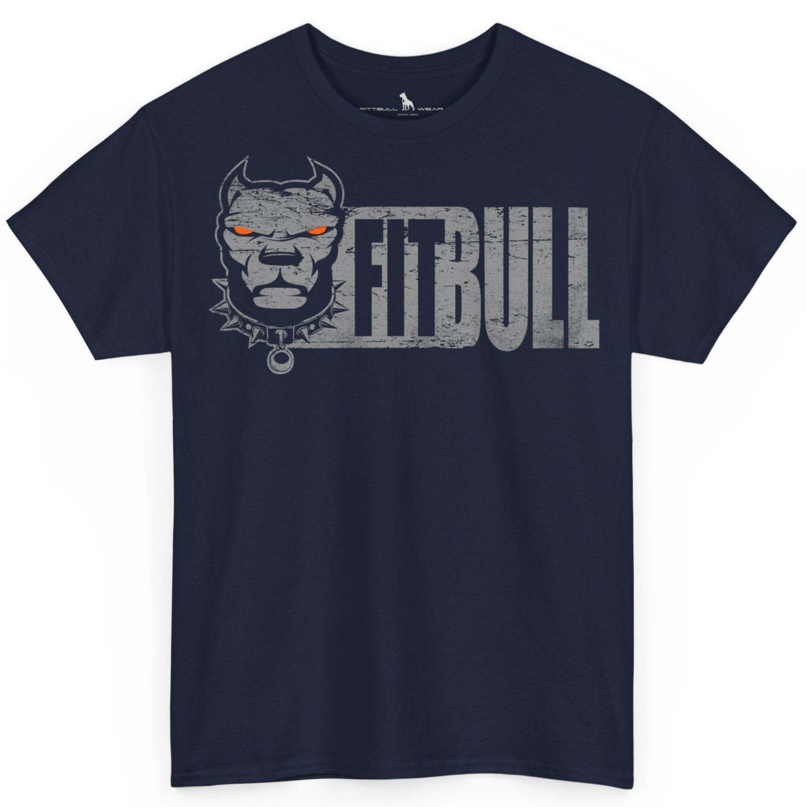 Navy blue t-shirt with a graphic of a dog's head and 'FITBULL' text on a white background