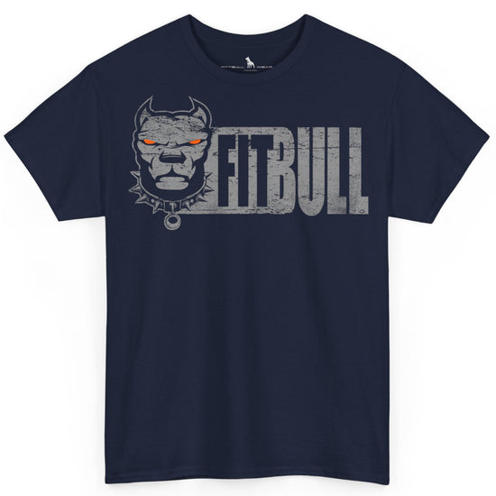Navy blue t-shirt with a graphic of a dog's head and 'FITBULL' text on a white background
