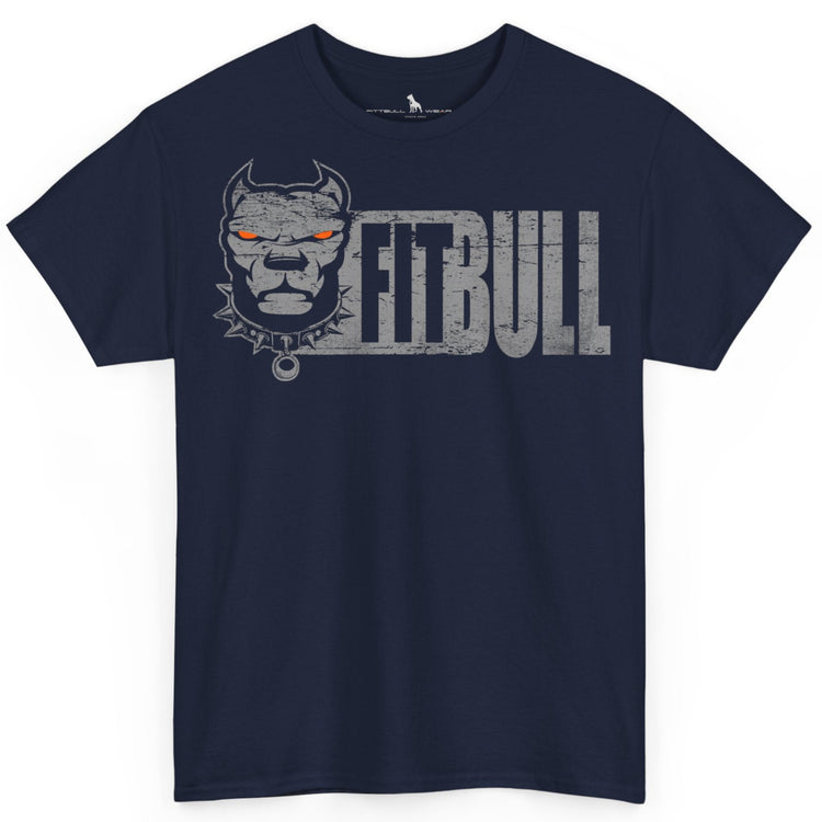 Navy blue t-shirt with a graphic of a dog's head and 'FITBULL' text on a white background