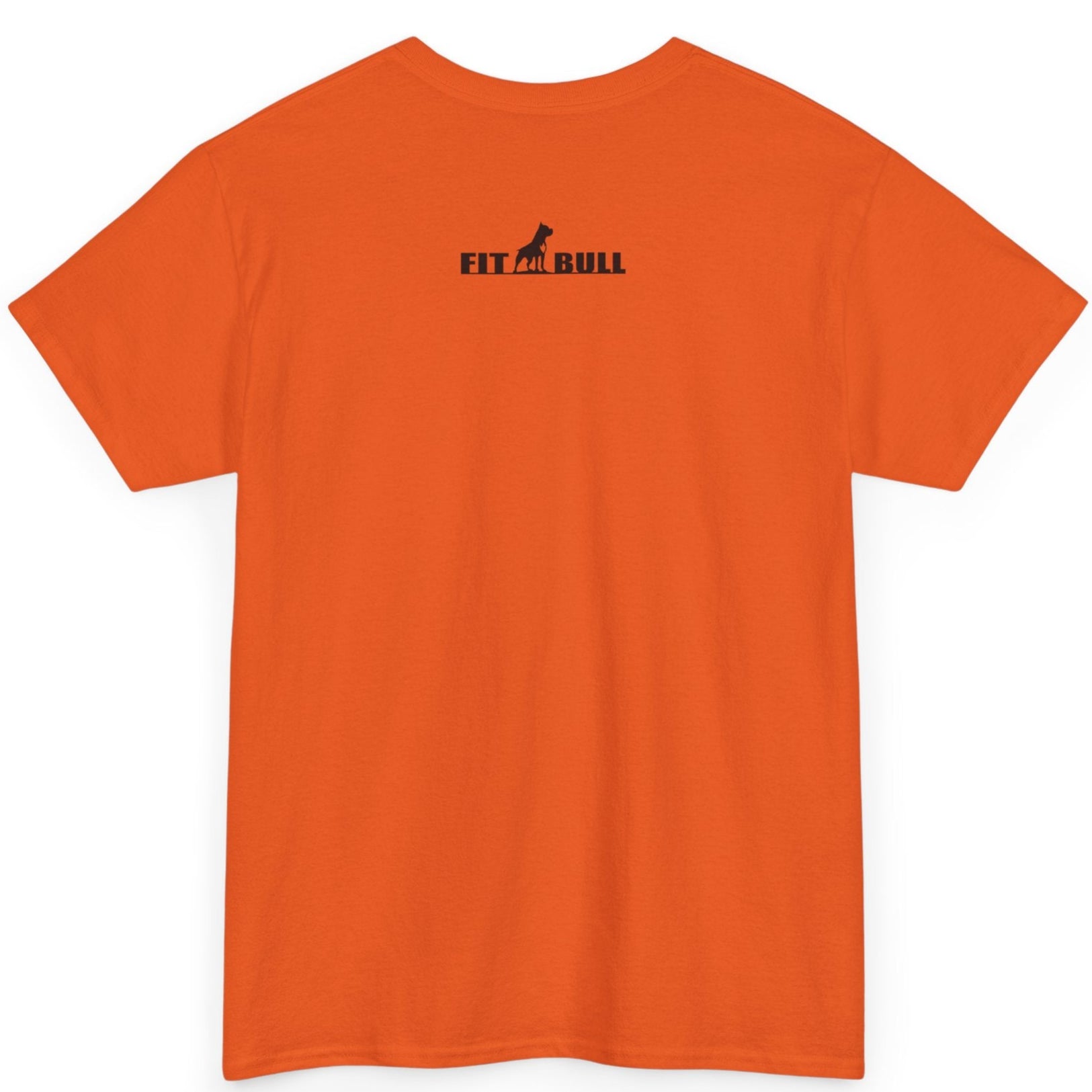 Orange t-shirt with 'FITBULL' logo on the back against a white background