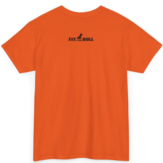 Orange t-shirt with 'FITBULL' logo on the back against a white background