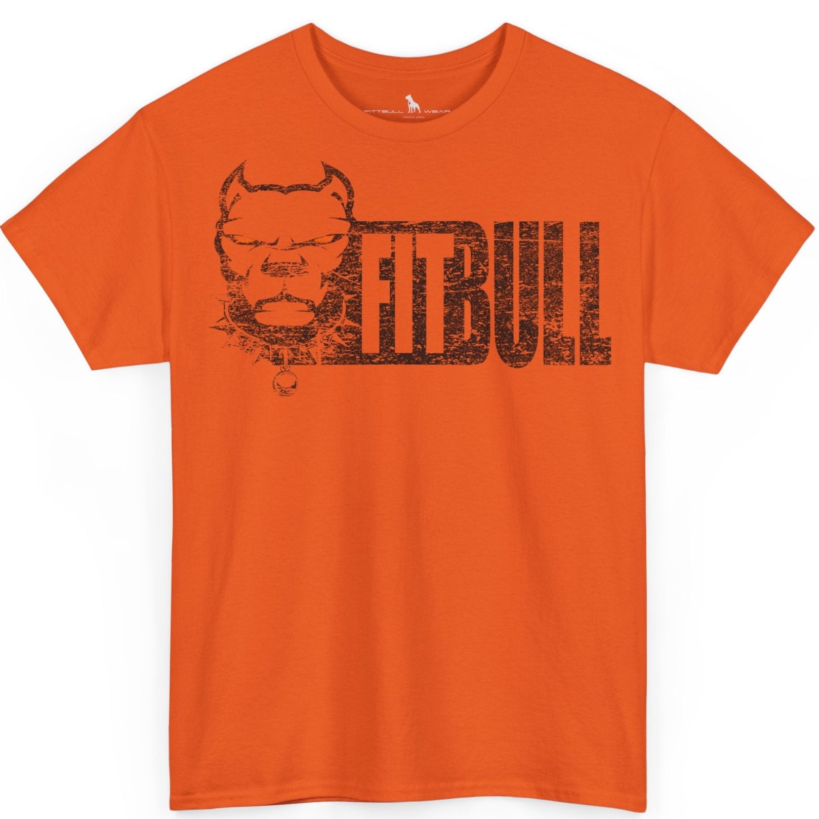 Orange t-shirt with 'Fitbull' graphic design on a white background