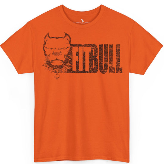 Orange t-shirt with 'Fitbull' graphic design on a white background