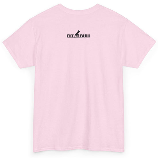 Pink t-shirt with a Fitbull logo on the back against a white background