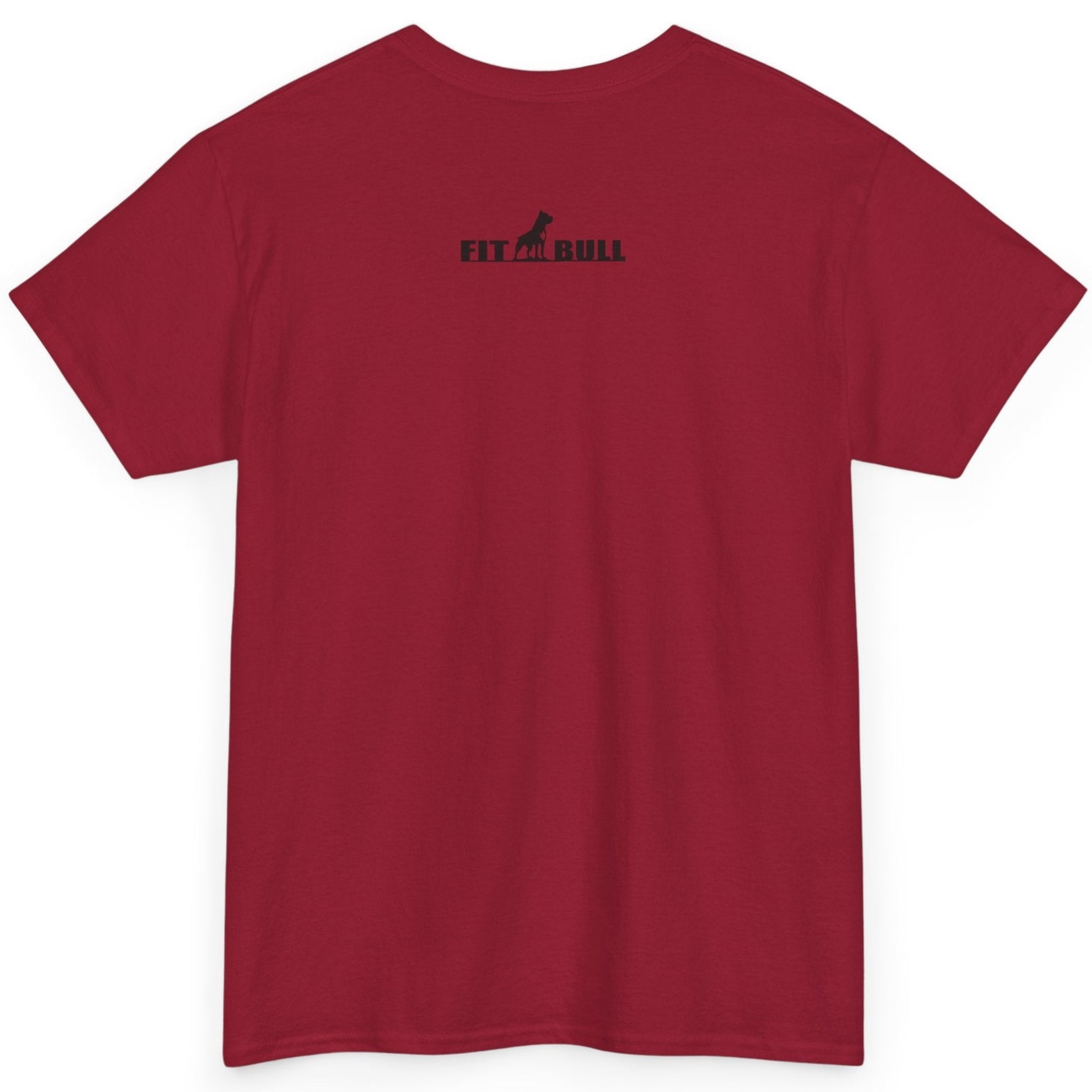 Red t-shirt with a Fitbull logo on the back against a white background