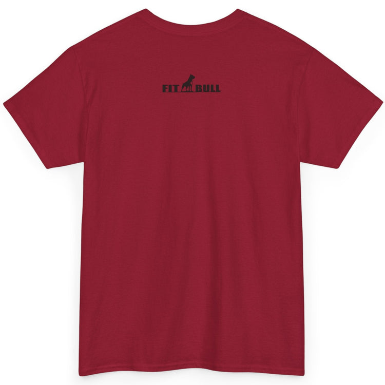 Red t-shirt with a Fitbull logo on the back against a white background