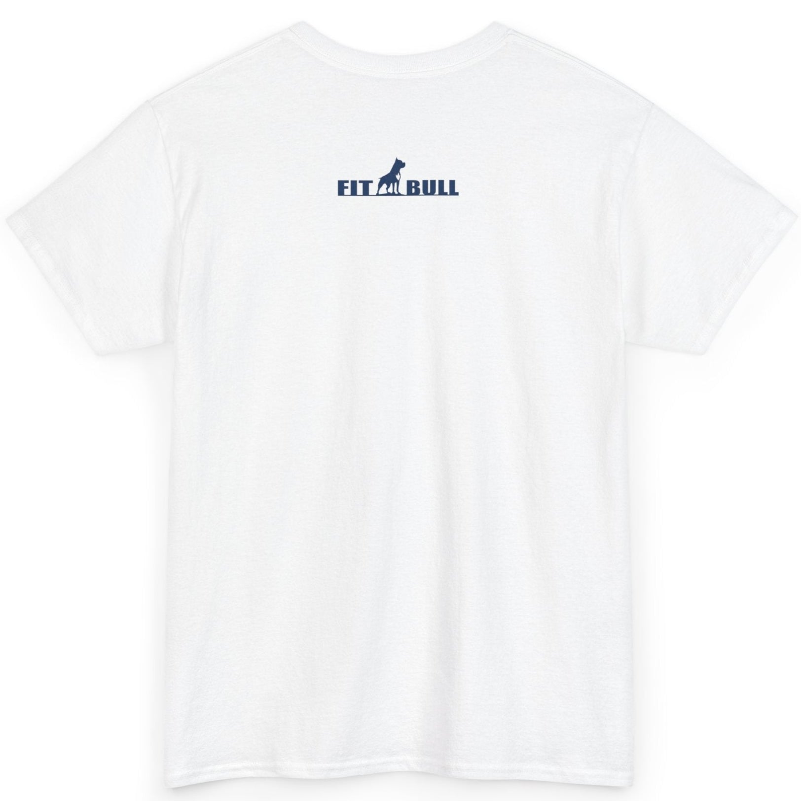 White t-shirt with a small logo on the chest against a white background