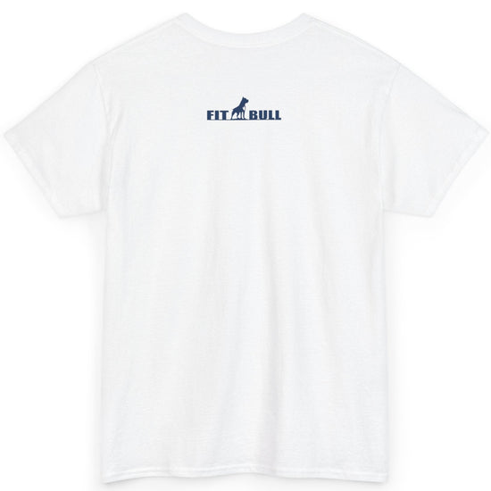 White t-shirt with a small logo on the chest against a white background