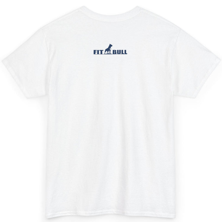 White t-shirt with a small logo on the chest against a white background