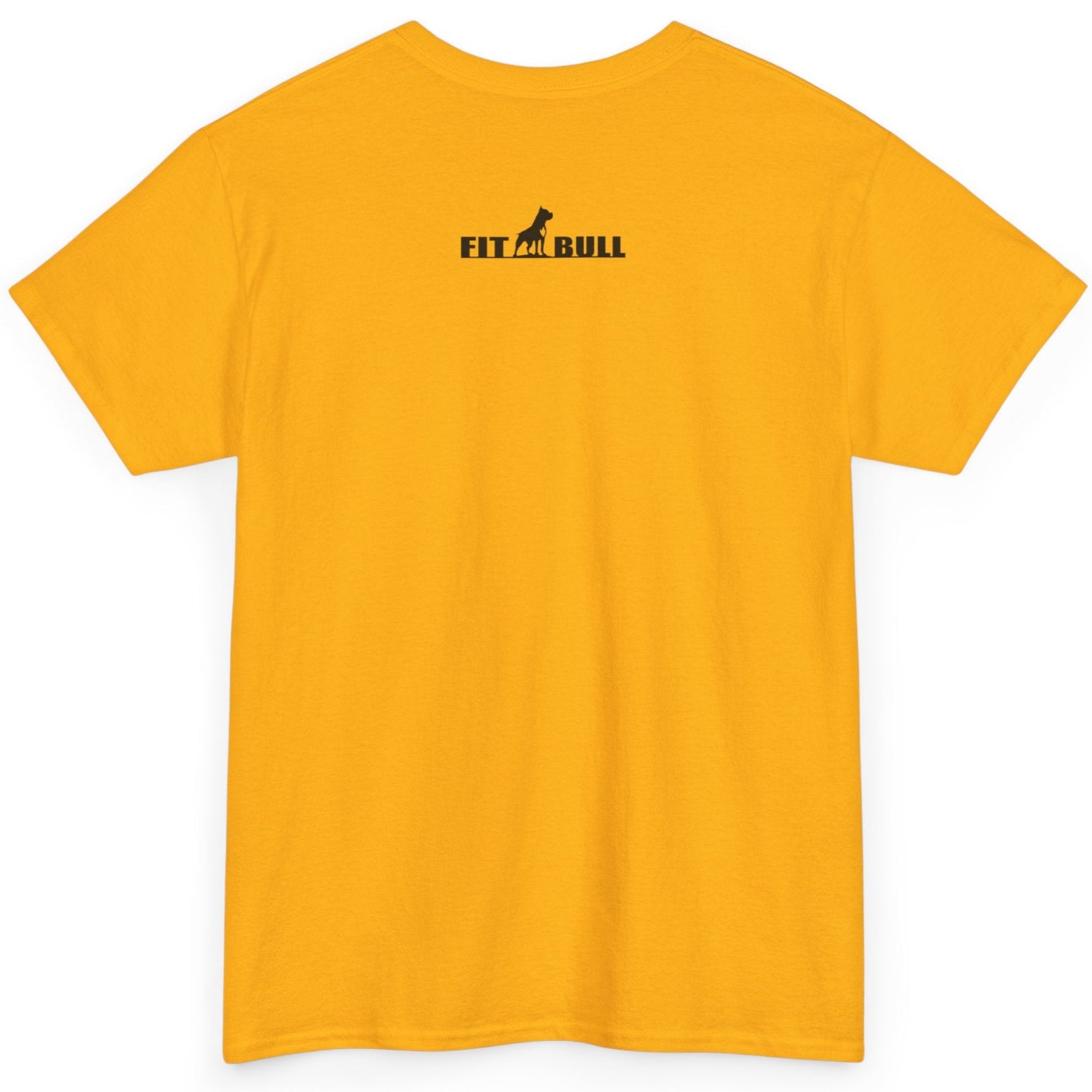 Yellow t-shirt with 'FITBULL' logo on the back against a white background