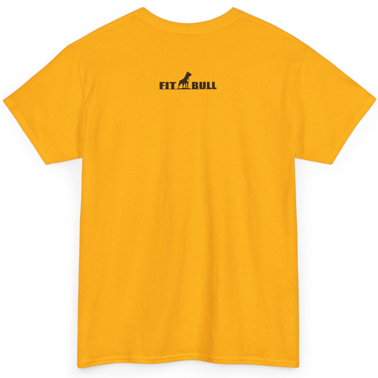 Yellow t-shirt with 'FITBULL' logo on the back against a white background