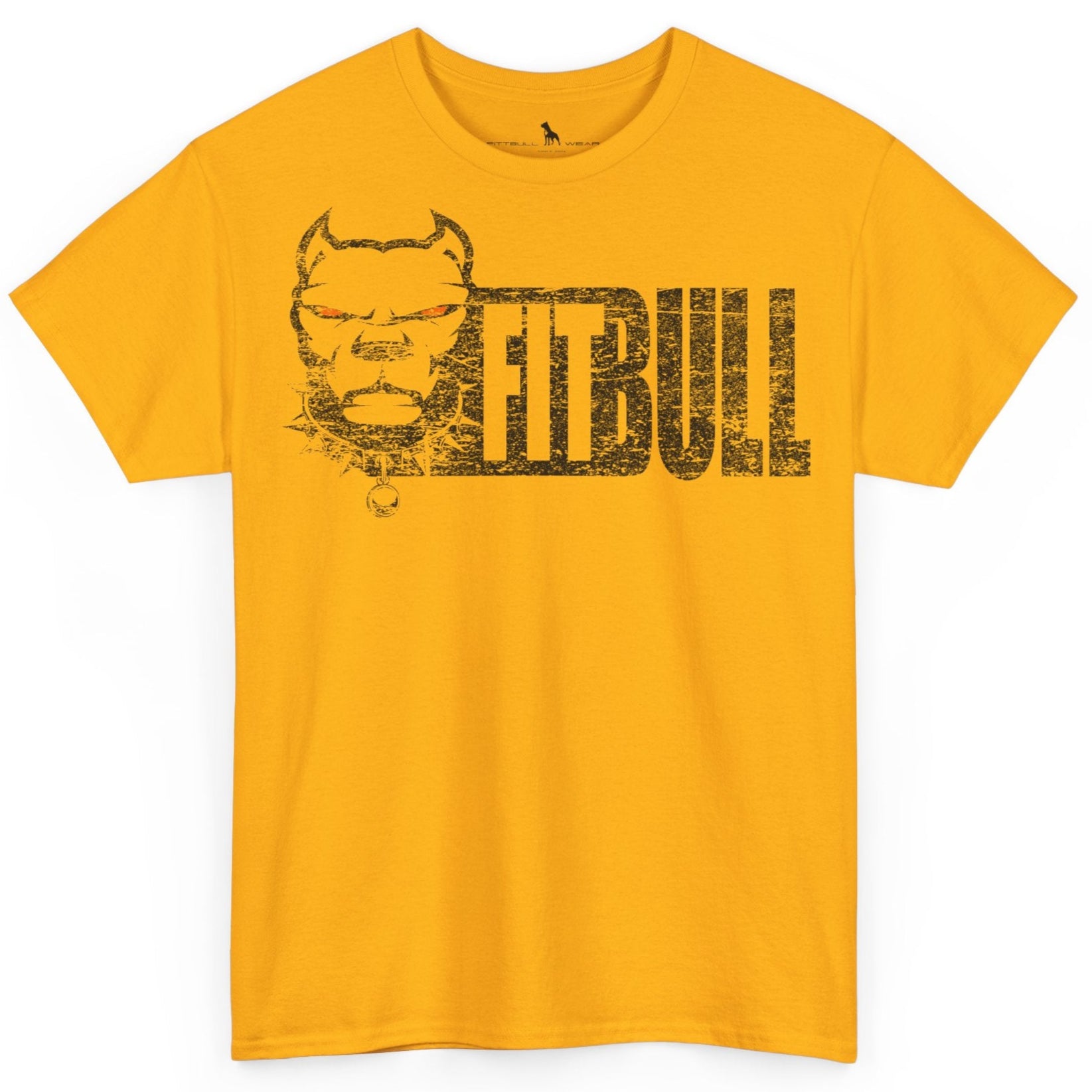 Fitbull Yellow t-shirt with black graphic and text on a white background