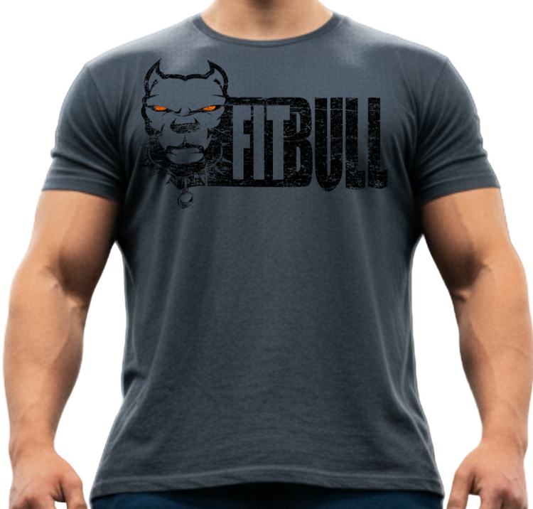 Person wearing a navy blue 'FitBull' fitness t-shirt with a motivation bodybuilding graphic design