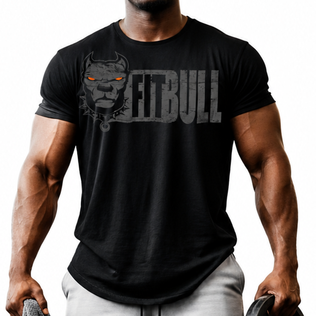 Man holding a towel and weight plate, wearing a black Fitbull t-shirt on a white background