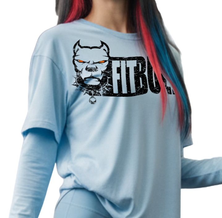 Person wearing a blue 'FitBull' fitness t-shirt with a motivation bodybuilding graphic design
