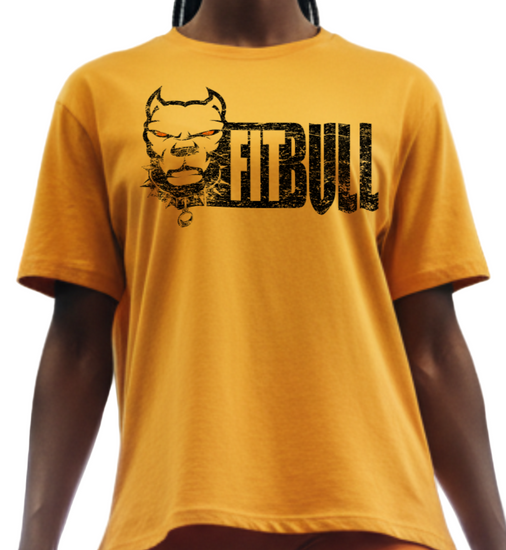 Person wearing a yellow 'FitBull' fitness t-shirt with a motivation bodybuilding graphic design