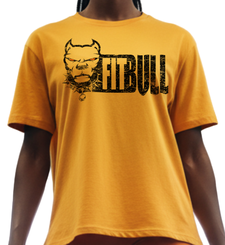 Person wearing a yellow 'FitBull' fitness t-shirt with a motivation bodybuilding graphic design