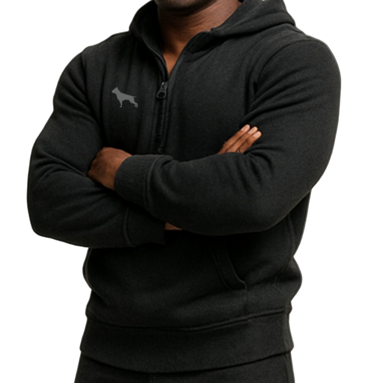 Man wearing a black Fitbull hoodie with brand logo.