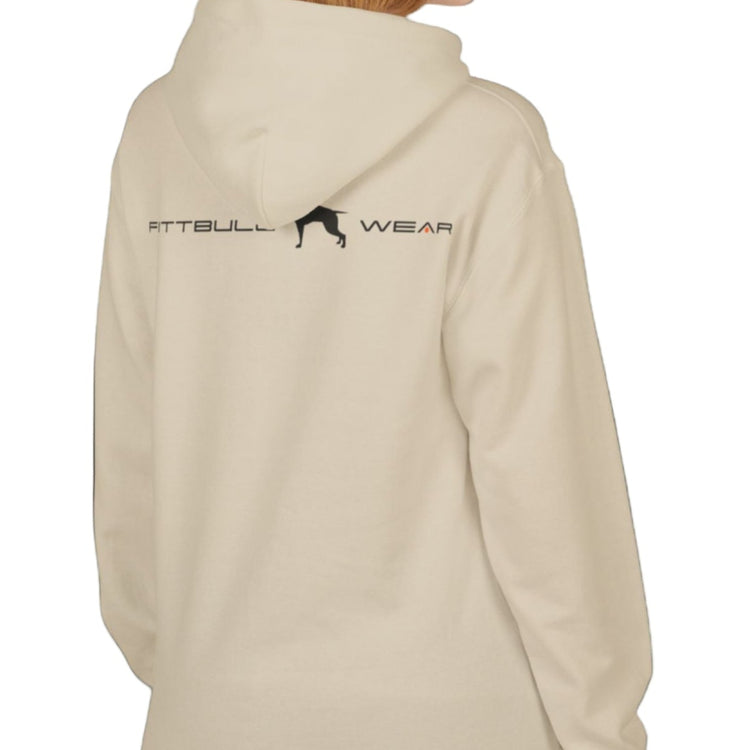 woman wear black sporty hoodie for fitness and crossfit by the Fitbull brand, branded with a logo and a motivating motif side view