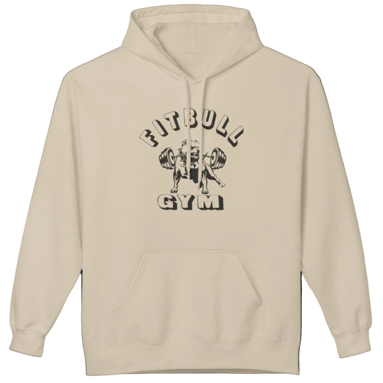 beige sporty hoodie for fitness and crossfit by the Fitbull brand, branded with a logo and a motivating motif.