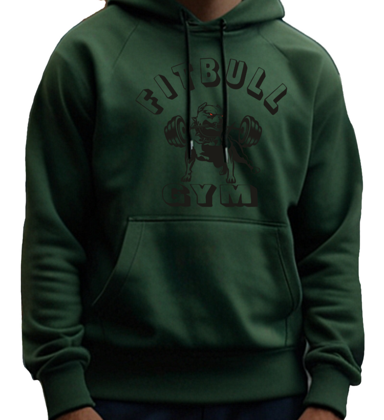 A man wearing a dark green, sporty hoodie for fitness and crossfit by the Fitbull brand, branded with a logo and a motivating motif.