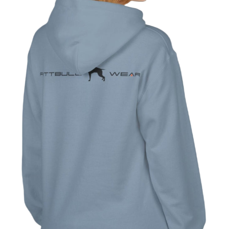 A woman wear sports light blue hoodet, fitness sweatshirt Fitbull, with motivation desighn No Day Off back view.