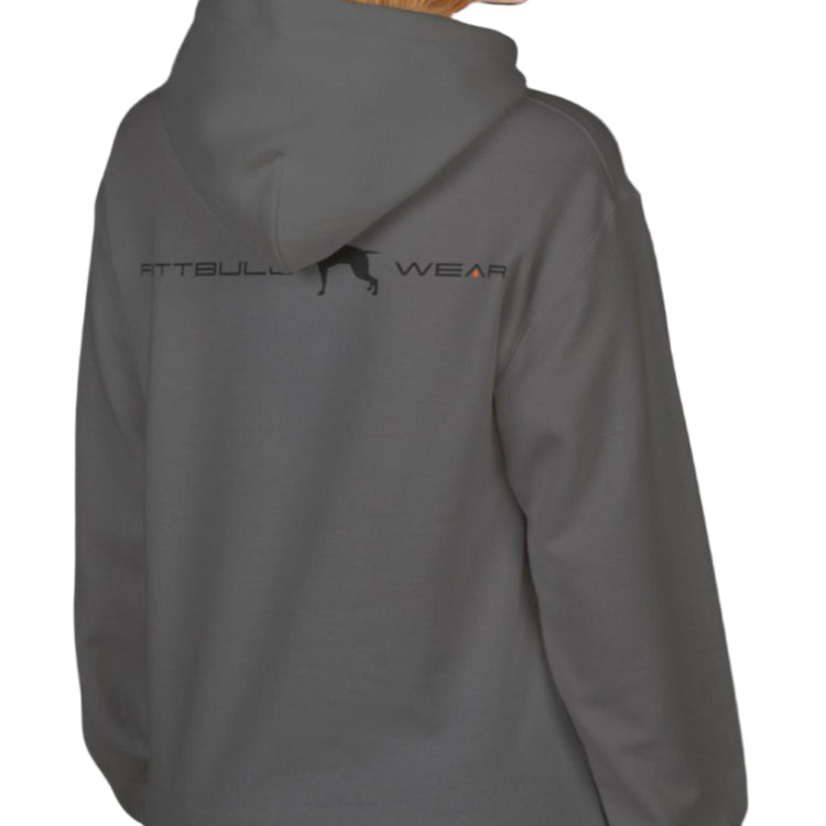 A woman wear sports grey hoodet, fitness sweatshirt Fitbull, with motivation desighn No Day Off back view.
