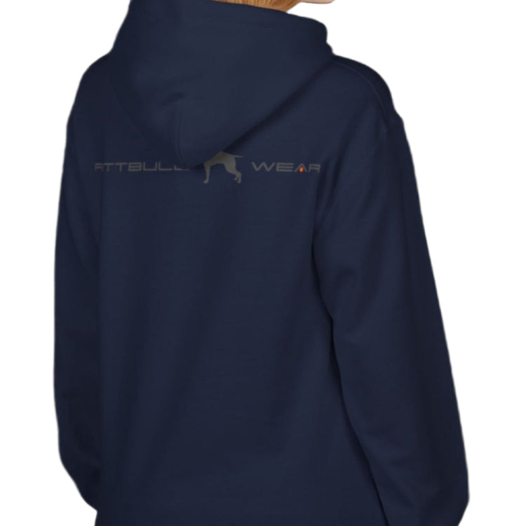 A woman wear sports navy blue hoodet, fitness sweatshirt Fitbull, with motivation desighn No Day Off, back view.